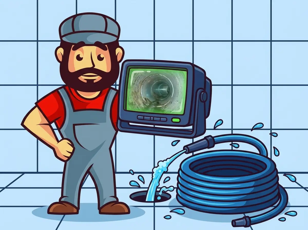 AquaTec mascot beside a drain camera monitor and a coiled jetting hose