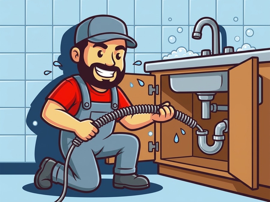 AquaTec mascot clearing a kitchen sink drain