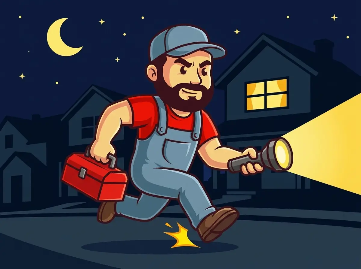 AquaTec mascot running to a night call with a toolbox and flashlight