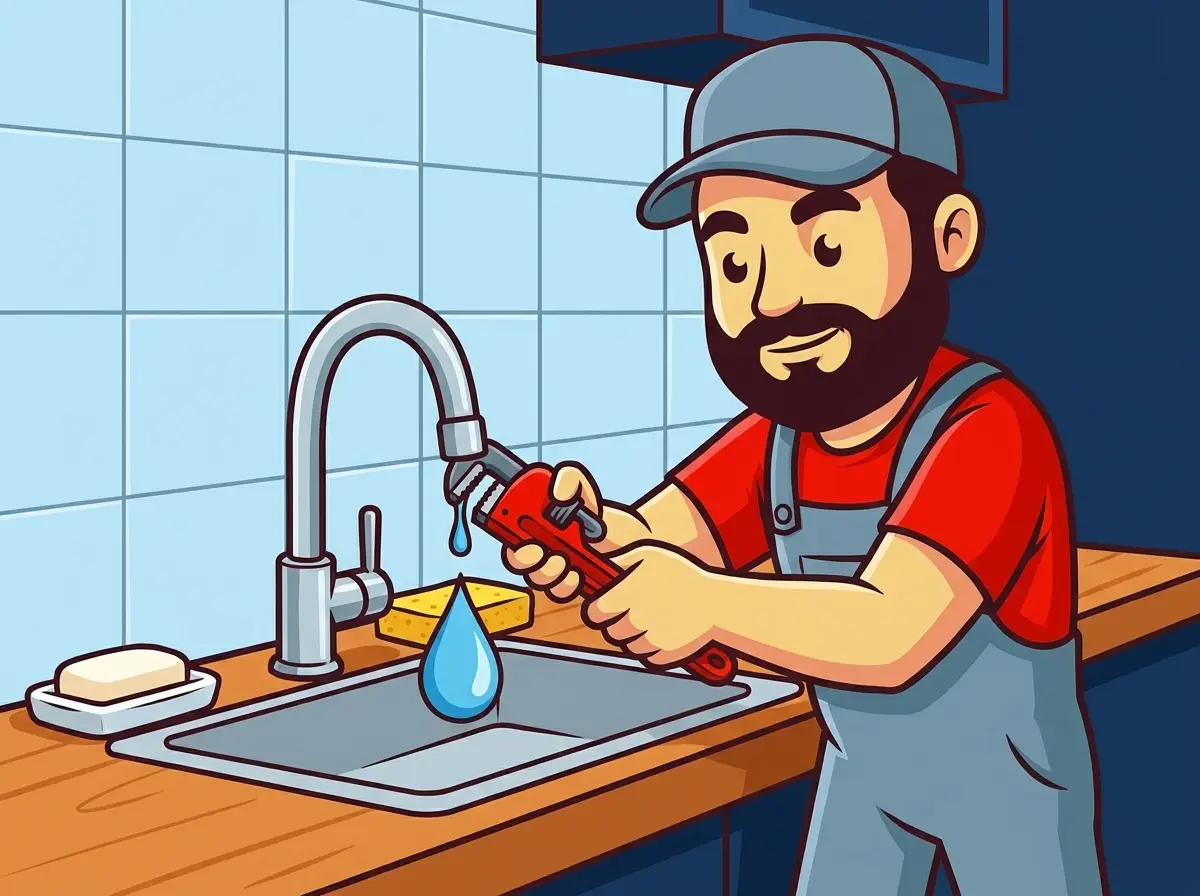 AquaTec mascot fixing a dripping kitchen faucet with a wrench