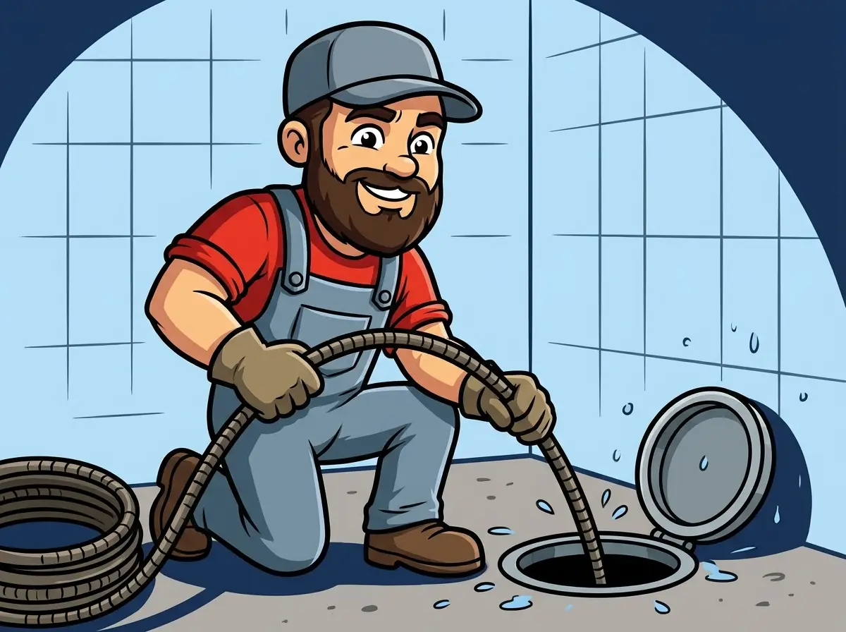 AquaTec mascot running a drain cable into a floor cleanout