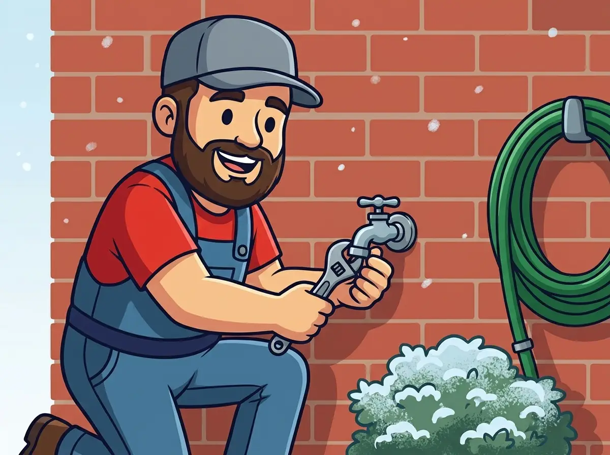 AquaTec mascot repairing an outdoor faucet on a brick wall in winter