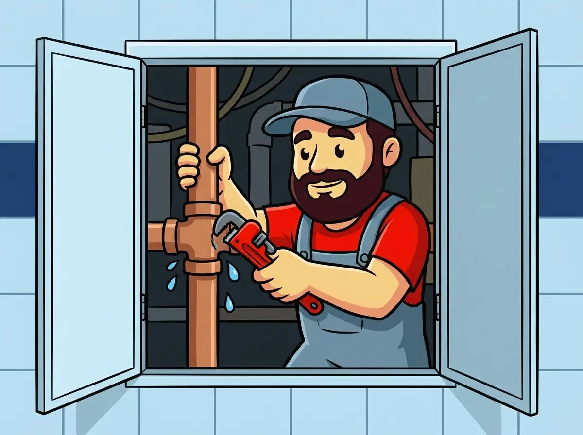 AquaTec mascot repairing a leaking pipe through a wall access panel