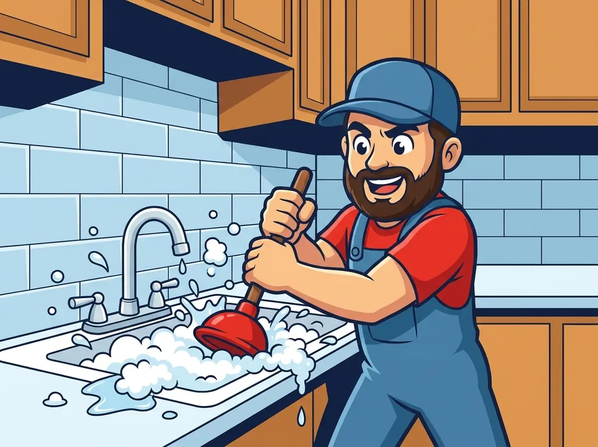 AquaTec mascot plunging an overflowing kitchen sink