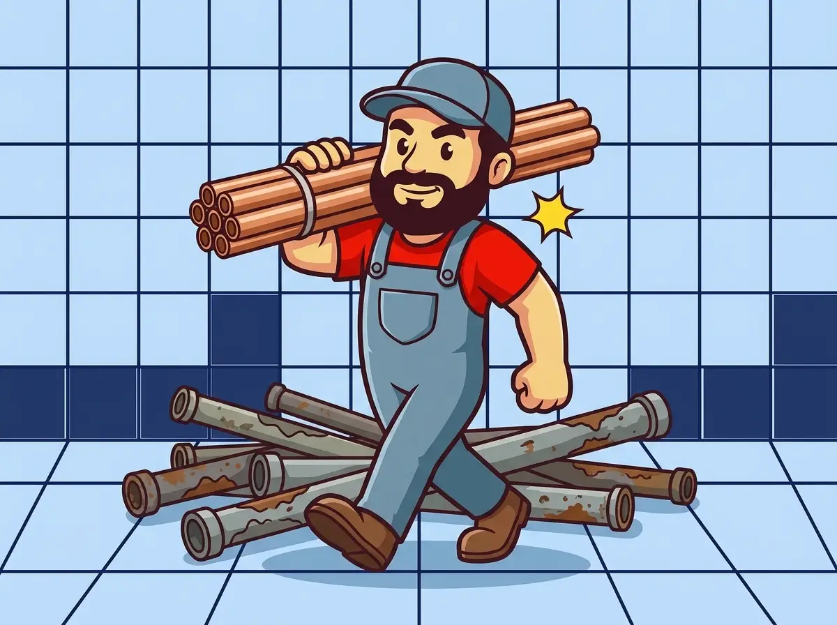 AquaTec mascot carrying new copper pipe past old corroded pipes