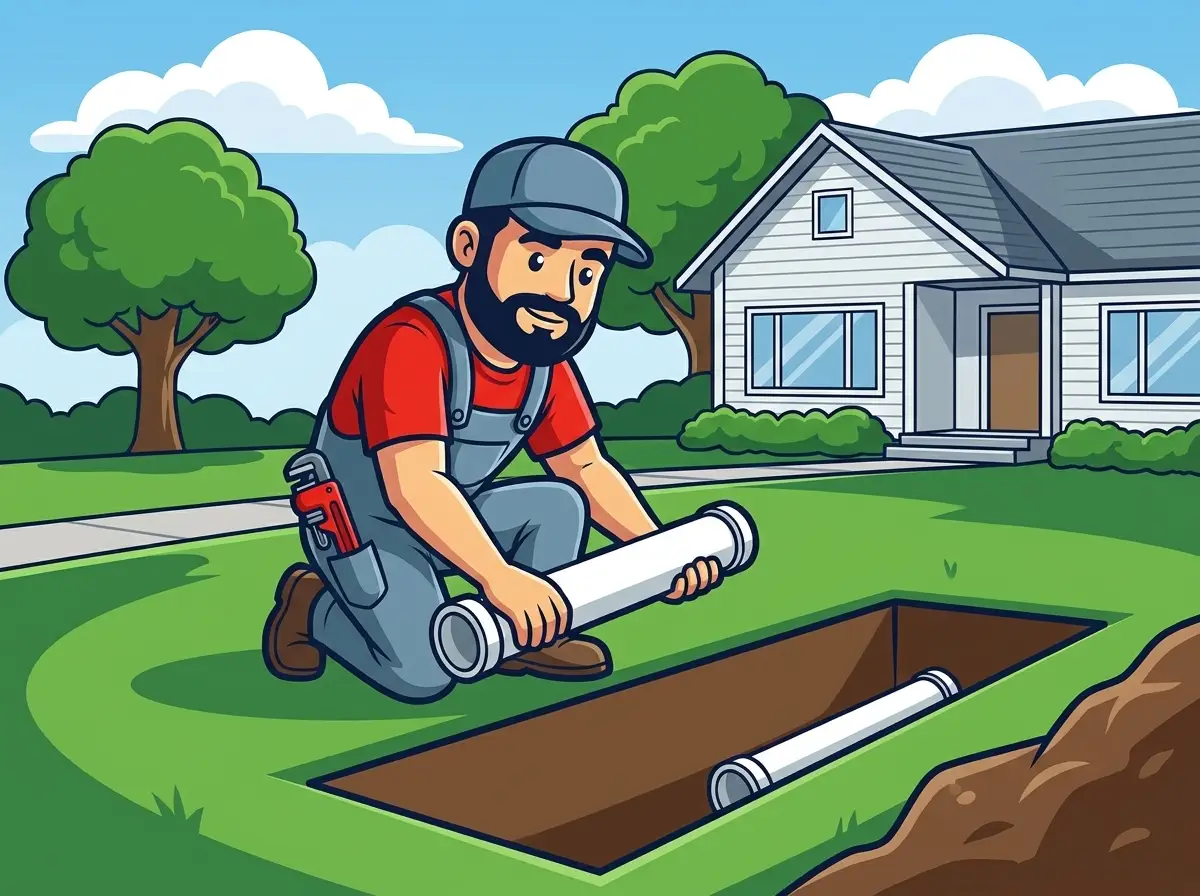 AquaTec mascot laying new sewer pipe in a trench in front of a house