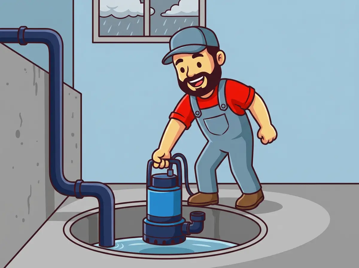 AquaTec mascot installing a sump pump in a basement pit