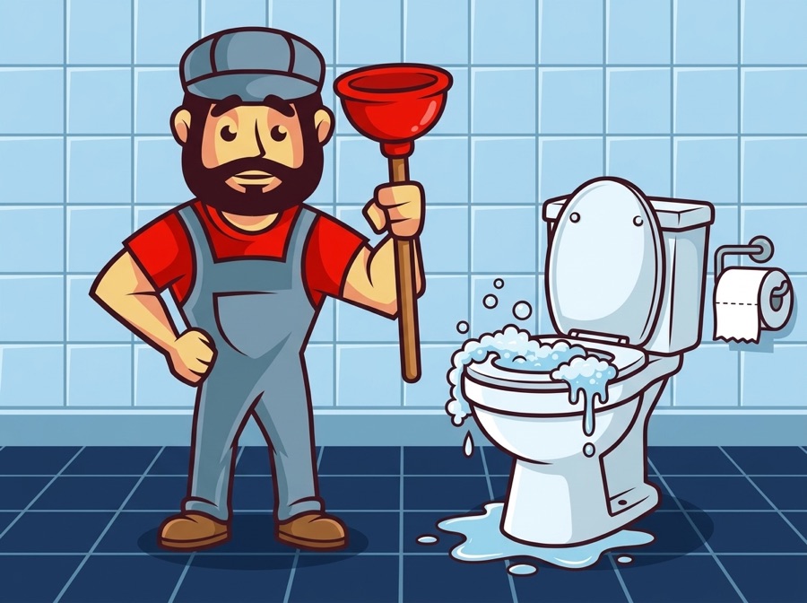 AquaTec mascot repairing and installing a toilet