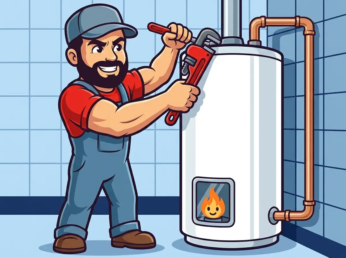 AquaTec mascot tightening a pipe fitting on a tank water heater