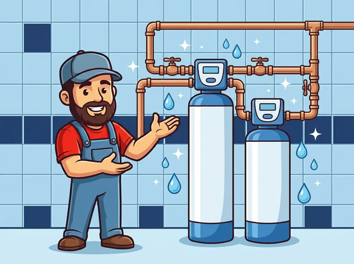 AquaTec mascot presenting a two-tank water softener system